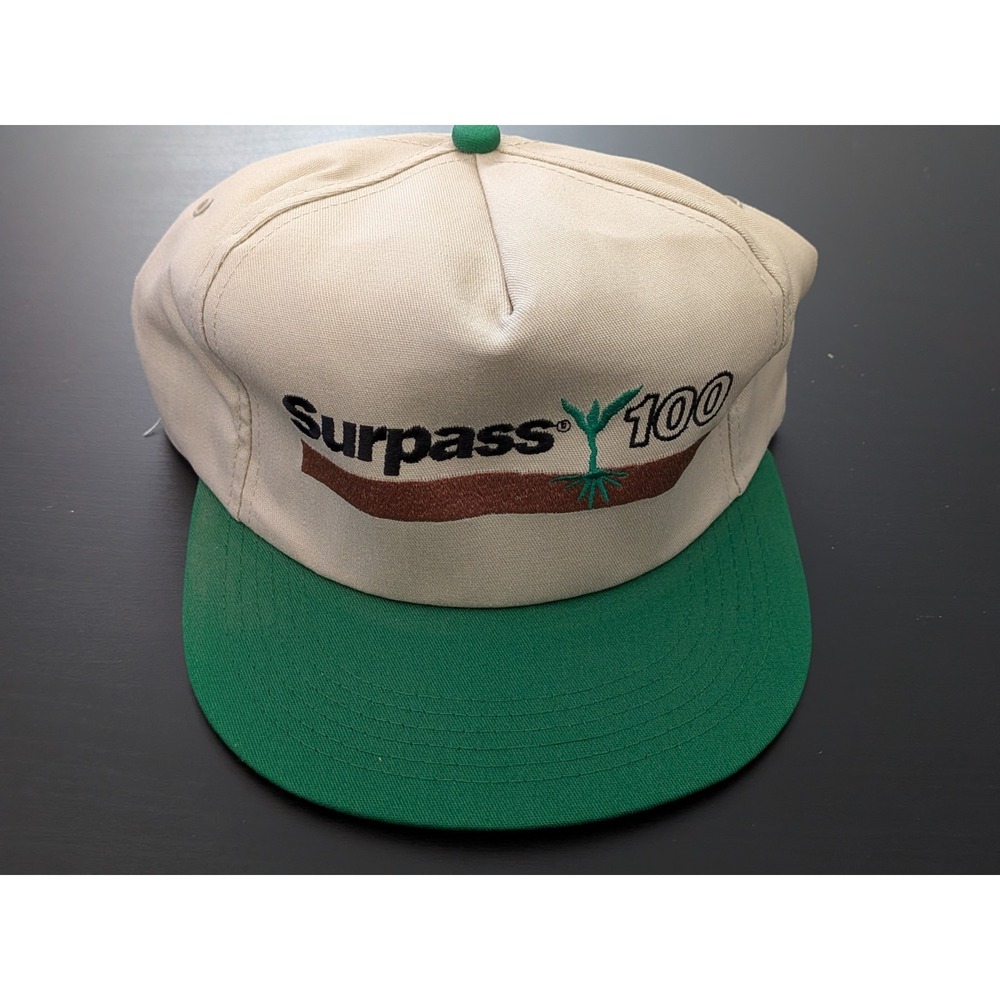 Vintage 90s Surpass 100 Pesticide Farmer‎ Spell Out Snapback Hat Cap Cream USA